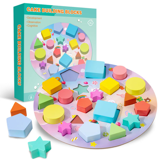 Timixy Sorting and Stacking Toy, Wooden Shape Sorter Puzzle for Kids and Toddlers Ages 3+, Montessori Color Matching Board with Geometric Blocks, Educational Toy for Shape and Color Recognition