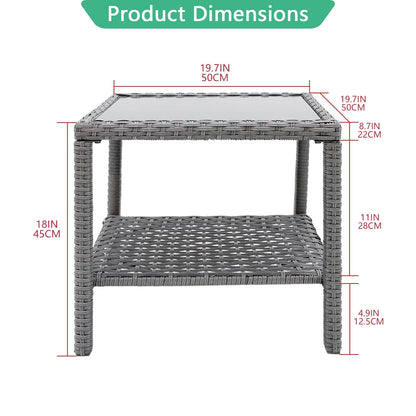 Helios&Hestia Square All Weather Rattan Wicker Outdoor Coffee Side End Table with Glass Top for Patio, Deck, Backyard, Garden, Grey