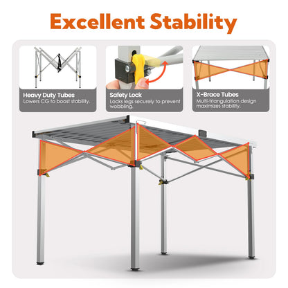 Large 46.4" Camping Table for 2-6 People - 220lbs Capacity Heavy Duty Foldable Outdoor Table with Aluminum Roll-Up Top & Carry Bag, Portable Picnic Desk for BBQ, Tailgating, Backyard (Silver)