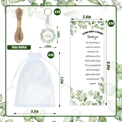 EYNDYN 145 Pieces Baby Shower Favors for Guest Eucalyptus Leaf Ballpoint Pens and Keychains Gifts for Boys Girs Bulk Retractable Baby Shower Pens Gender Reveal Greeting Cards Souvenirs Prizes
