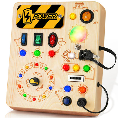 OAKJAR Busy Board, Montessori Toys for 1+ Year Old, Busy Board with 13 Led Light, Wooden Toddler Educational Travel Toy, 1 Year Old Boy&Girl Gifts