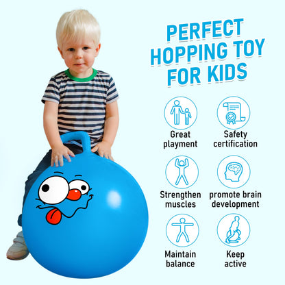 U&C Planet Hopper Ball, 22 inches Bouncy Ball with Handle for Kids Age 7-12, Hoppity Hop Sit and Bounce Jumping Hopping Toy with Pump & Gift Box, Great Gift for Birthday Christmas, Blue Emoji