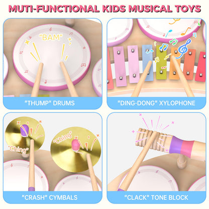Toddlers Drum Set Toys for 1 2 3 Year Old Girls,Montessori Music Toy for Toddlers 1-3,Baby Drum with Xylophone,Musical Instruments Toy, Kids Birthday Gifts for Baby 18+ Months (Pink)