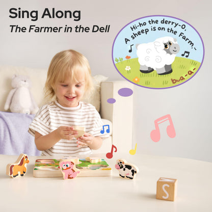 lalalark Montessori Toys for 1 2 3 Year Old Boy Girl, Wooden Sorting & Stacking Toys, Shape Sorter Baby Toy, Tactile & Sound Wooden Chunky Puzzles for Baby 2-4, Musical Farm Animal Toys