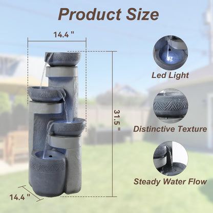 32" Outdoor Water Fountain with Led Lights, 4-Tier Modern Pottery Water Fountain, Outdoor Garden Waterfall Decor for Garden, Patio, Courtyard