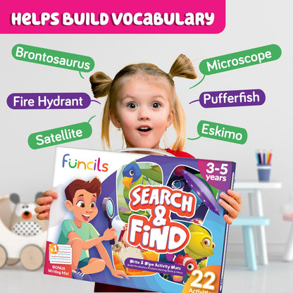 Funcils Search and Find for Kids & Toddlers - Preschool Learning Activity Book, Art and Craft Supplies, Seek Find Games, Birthday Gifts for Girls & Boys, Educational Toys for Ages 3, 4, 5, 6 Year Old