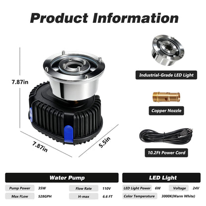Pond Fountain Pump with LED Light for Outdoor Water Garden, 528GPH Submersible Pump Fountain Light Kits (Warm White) for Water Feature Koi Pond