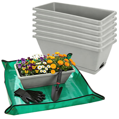 7 Pack Outdoor Planters, Plastic Rectangular Flower Pots with Saucers and Gardening Tools, 17 Inches for Indoor/Outdoor Plants, Herbs, Vegetables, Includes Trowel, Waterproof Mat & Gloves(Offwhite)