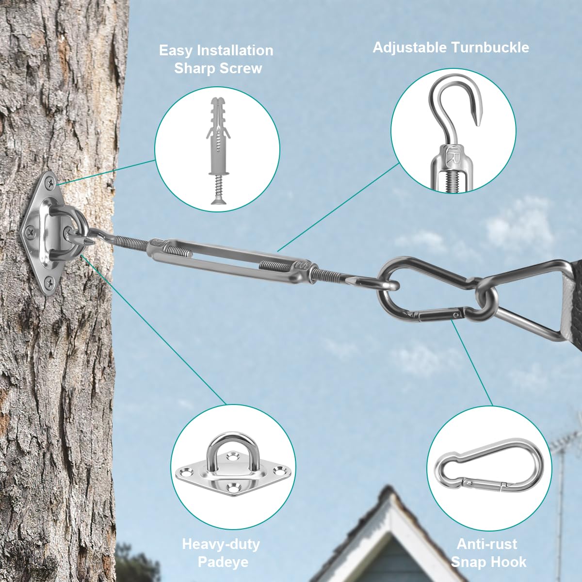 Sun Shade Sail Hardware Kit 6 Inch for Rectangle & Triangle Shade Sail Install, Stainless Steel Shade Sail Fixing Accessories for Outdoor Patio Canopy Garden, Heavy Duty Awning Attachment Set (44 Pcs)