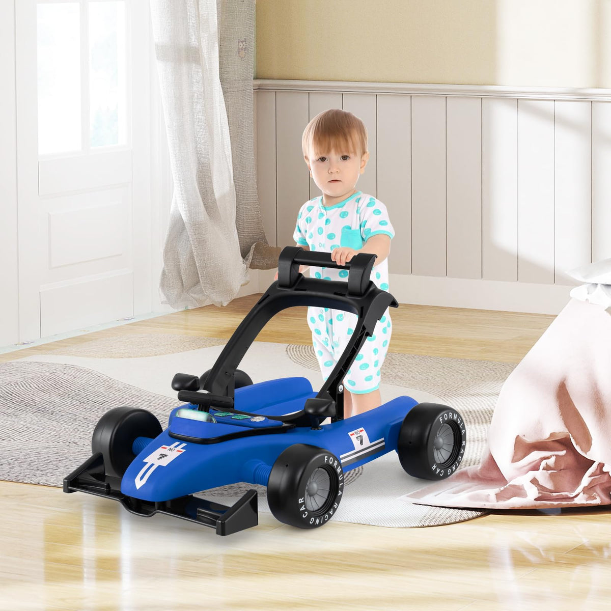 HONEY JOY Baby Walker, 4-in-1 Foldable Infant Activity Push Walker, Toddler Car Walker with Adjustable Heights, Music, Lights, Padded Seat, Baby Walker with Wheels for Boys Girls 6-18 Months (Blue)