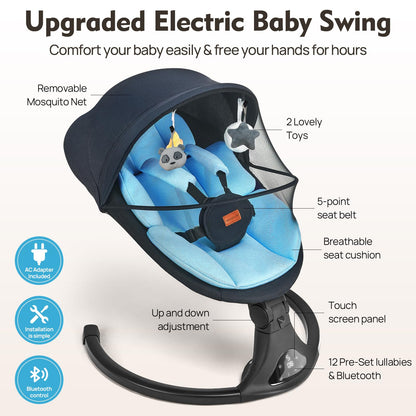 Baby Swing for Infants, Bluetooth Electric Infant Swing with 5 Speed Motions, 12 Soothing Melodies & Remote Control, Portable for Newborns 0-9 Months (Max 20 lbs, Blue)