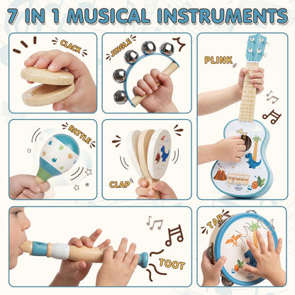 Lehoo Castle Kids Guitar Set, Dinosaur Guitar for Toddlers 1-3, Wooden Montessori Musical Instruments 7 in 1 with Ukulele/Tambourine/Maracas/Flute, Mini Band Set Birthday Gift for Boys Girls