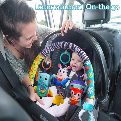 Baby Stroller Arch Mobile With Universal Clamps - Clip-On Activity Bar for Bassinet, Bouncer, Crib, Car Seat - Musical Infant Toys With Elephant Squeaker and Zebra Rattle