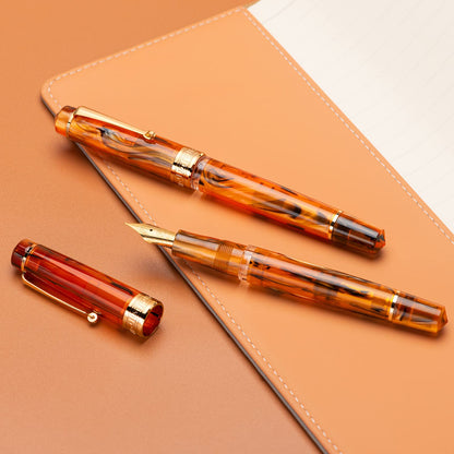 Asvine P20 Piston Fountain Pen Amber Resin, Iridium Extra Fine Nib Gold Trim Smooth Writer Collection with Case Set