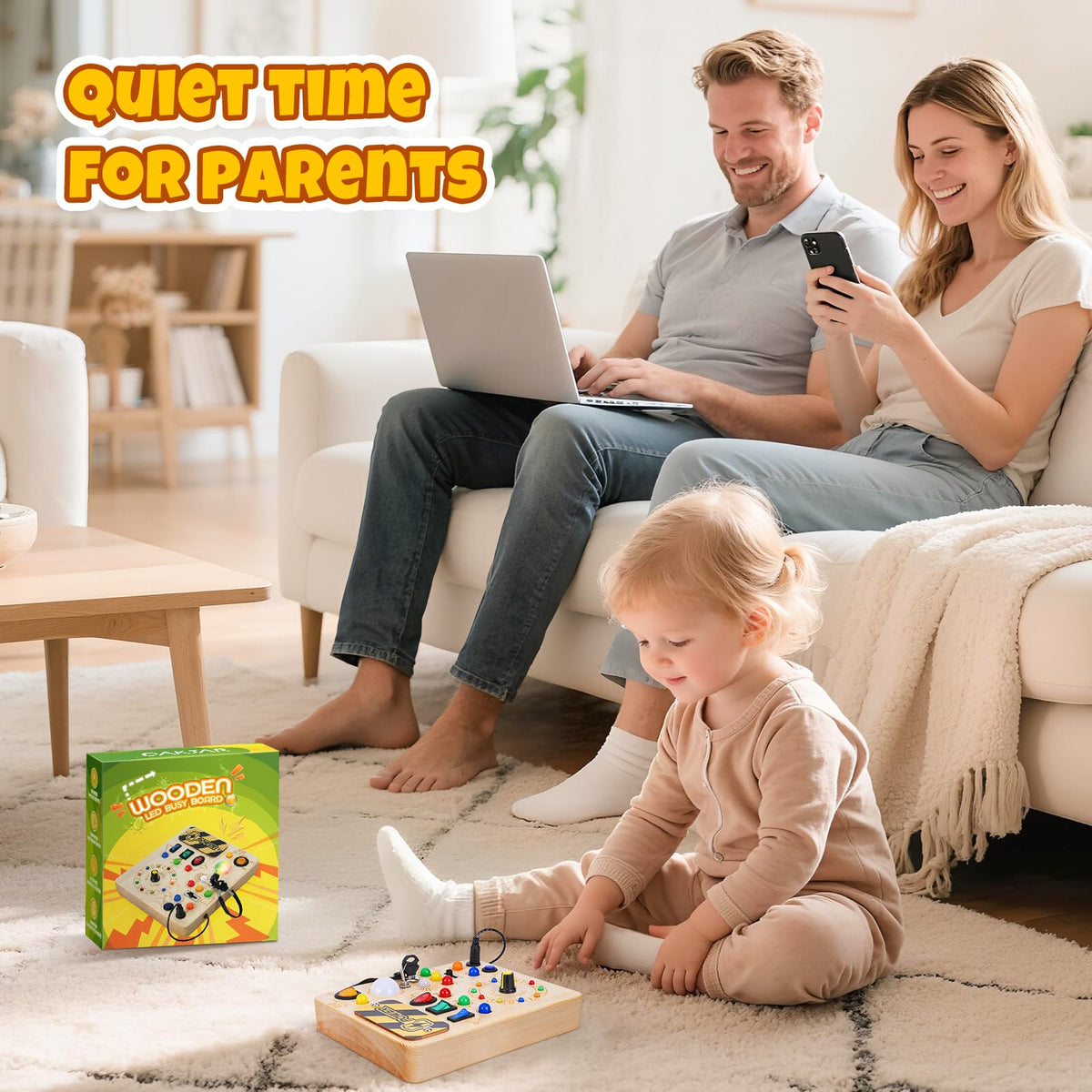 OAKJAR Busy Board, Montessori Toys for 1+ Year Old, Busy Board with 13 Led Light, Wooden Toddler Educational Travel Toy, 1 Year Old Boy&Girl Gifts
