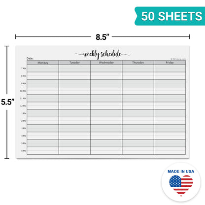 321Done Weekly Schedule Planning Notepad - 50 Sheets (5.5x8.5) – Hourly Appointment Productivity Weekly Planner Tear-Off Note Pad - Cute Simple Script Half-Letter Small Size - Made in USA