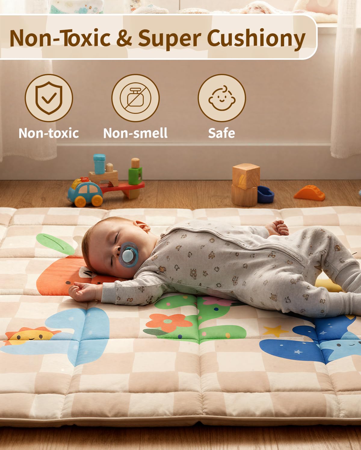 Baby Play Mat, Foldable Play Mats for Floor, 50x50 Inches Crawling Mat for Playpen with Anti-Slip Bottom, Machine Washable, Thicken Padding Foam Playmats for Babies and Toddlers (Sand Checks)