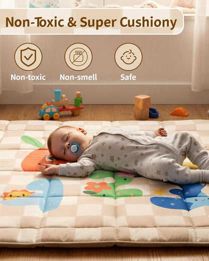 Baby Play Mat, Foldable Play Mats for Floor, 50x50 Inches Crawling Mat for Playpen with Anti-Slip Bottom, Machine Washable, Thicken Padding Foam Playmats for Babies and Toddlers (Sand Checks)