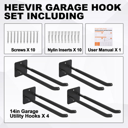 Heevir 14 Inches Extra Large Garage Hooks, 4Pcs Heavy Duty Garage Wall Mount Organizer, Tool Hanger Long Utility Storage Hooks for Hanging Tire, Chair, Ladder, Garden Tools, Strollers and More