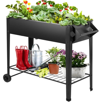 DNKMOR 32" Tall Raised Garden Bed Outdoor with Wheels & Storage Shelf or Mobility,Mobile Anti-Rust Steel Planters for Outdoor Plants,Planter Box for Vegetables/Flower/Herbs,Patio-Balcony-Backyard