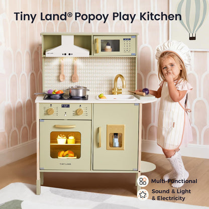 Tiny Land Play Kitchen for Kids, Wooden Farmhouse Kitchen Playset Chef Pretend Play Set for Toddlers w/Real Lights & Sounds, Toys Kitchen with 18 Pcs Toy Food & Cookware Accessories, Sage Green