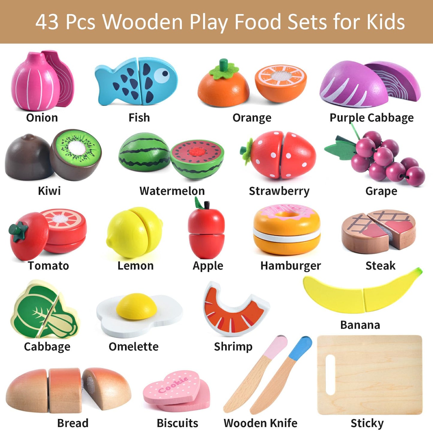 WHOHOLL 43 Pcs Wooden Play Food for Kids Play Kitchen Accessories Playset with Basket, Pretend Cutting Food Toys for 3 4 5 6 Year Old, Vegetables Fruits Toys Christmas Birthday Gifts for Girls Boys