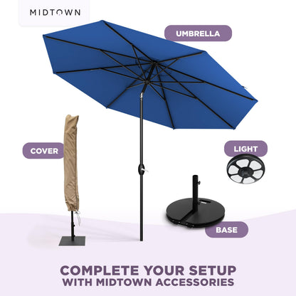 Midtown Umbrellas – The Lean 9 Ft Patio Umbrella with 10-Year-No-Fade Acrylast Acrylic Fabric, Auto-Tilt and 8 Reinforced Ribs for Deck, Pool, Garden, Hotel & Cafes – Deep Atlantic Canopy, Black Pole