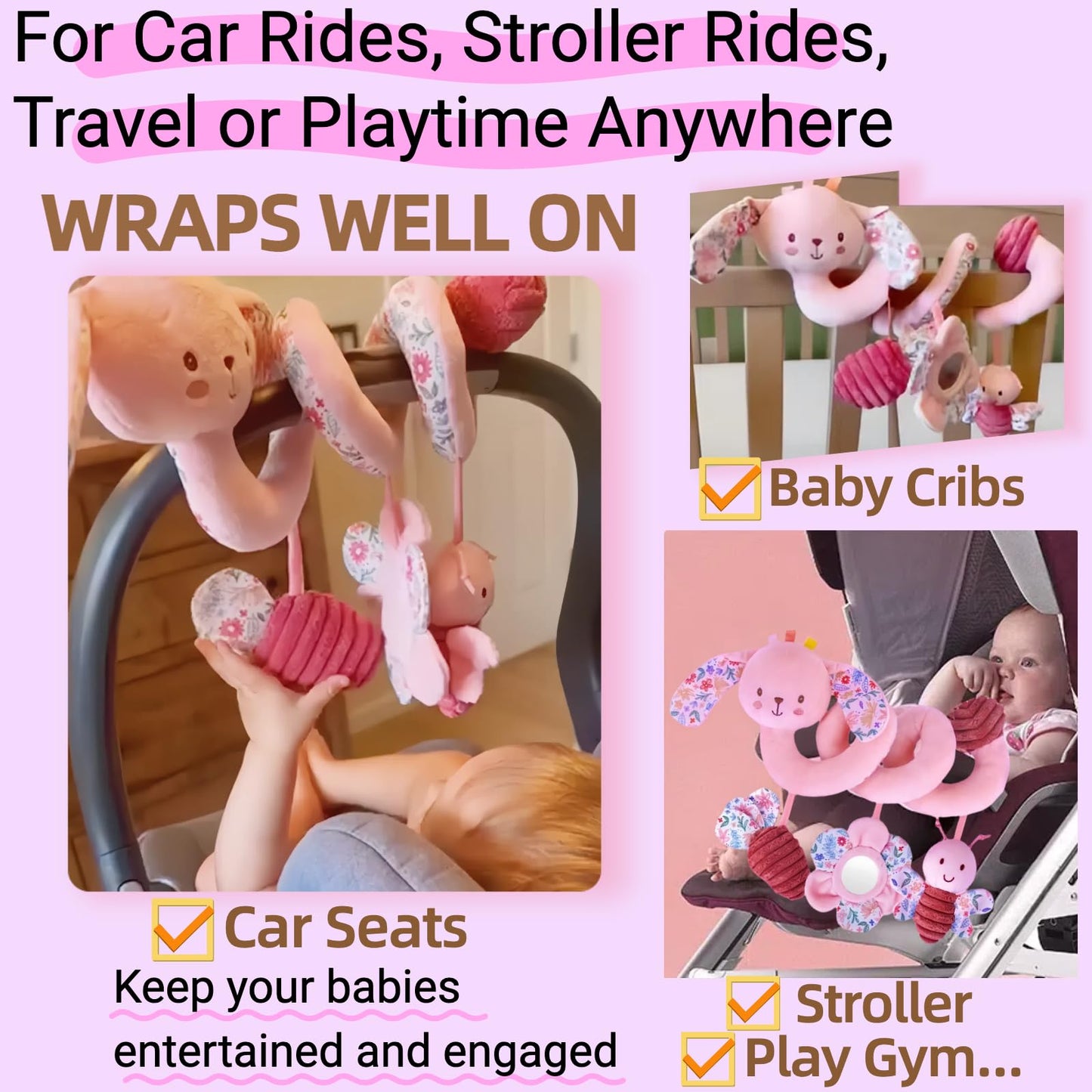 chochumy Spiral Car Seat Toy for Babies 0-6-12 Months Girl, Stroller Hanging Baby Toys 0-3-4-5-6-7-8-9-12 Month Old Newborn Infant Toddler Rabbit Gifts Travel Carseat Mirror Crinkle Bunny Accessories