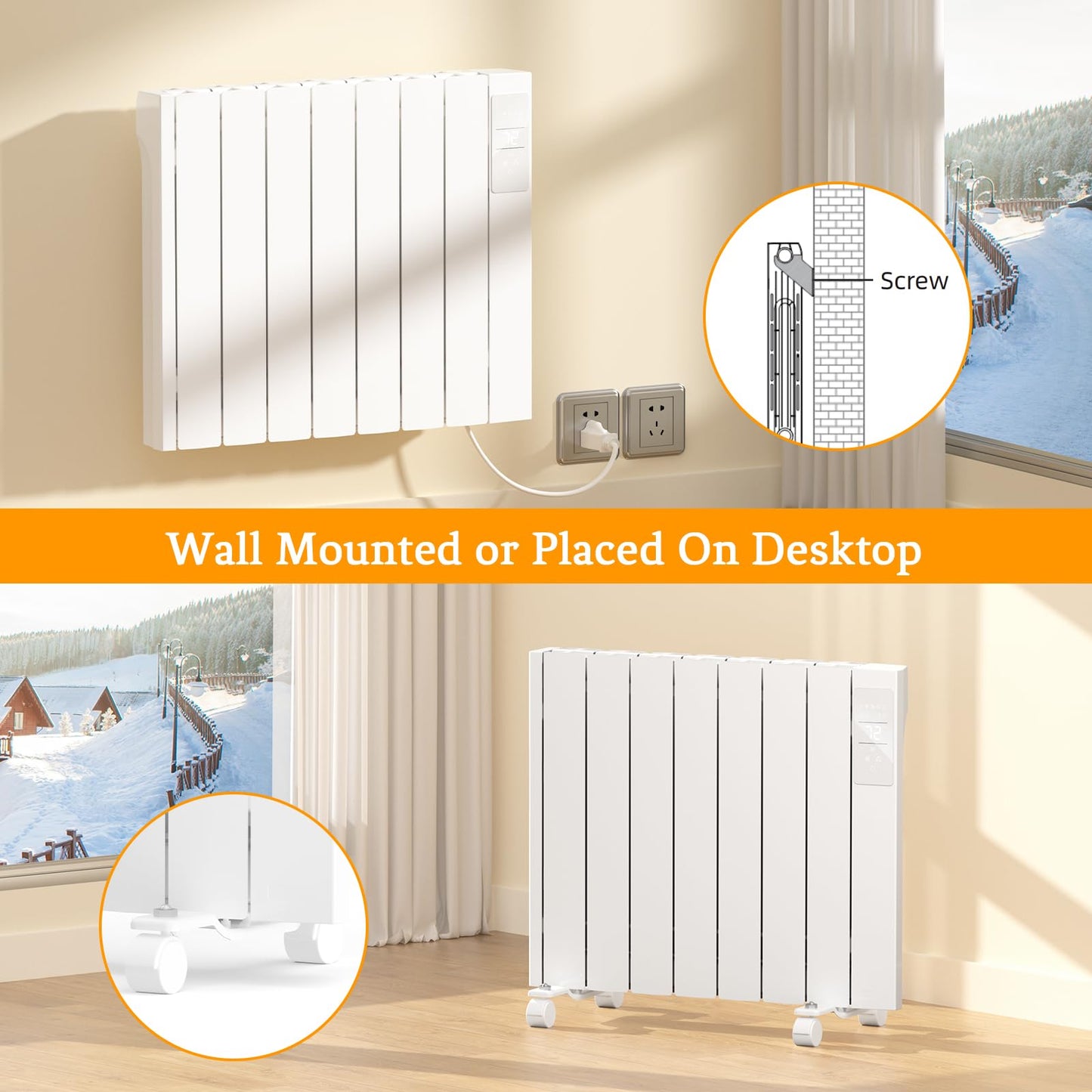 1500W Electric Heater Wall Mounted & Freestanding, White Aluminum Convection Panel Heater for Indoor Use w/Remote Control, 24H Timer, Touch Screen, Quiet Heating & Overheat Protection for Bedroom