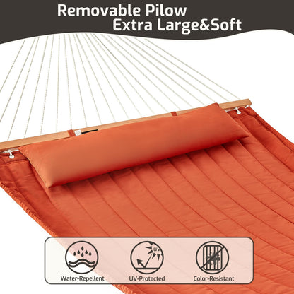 CHULIM Double Quilted Fabric Hammock with Hardwood Spreader Bars and Pillow 450 LBS Capacity 2 Person Large Hammock for Outdoor Patio Backyard Poolside - Terracotta