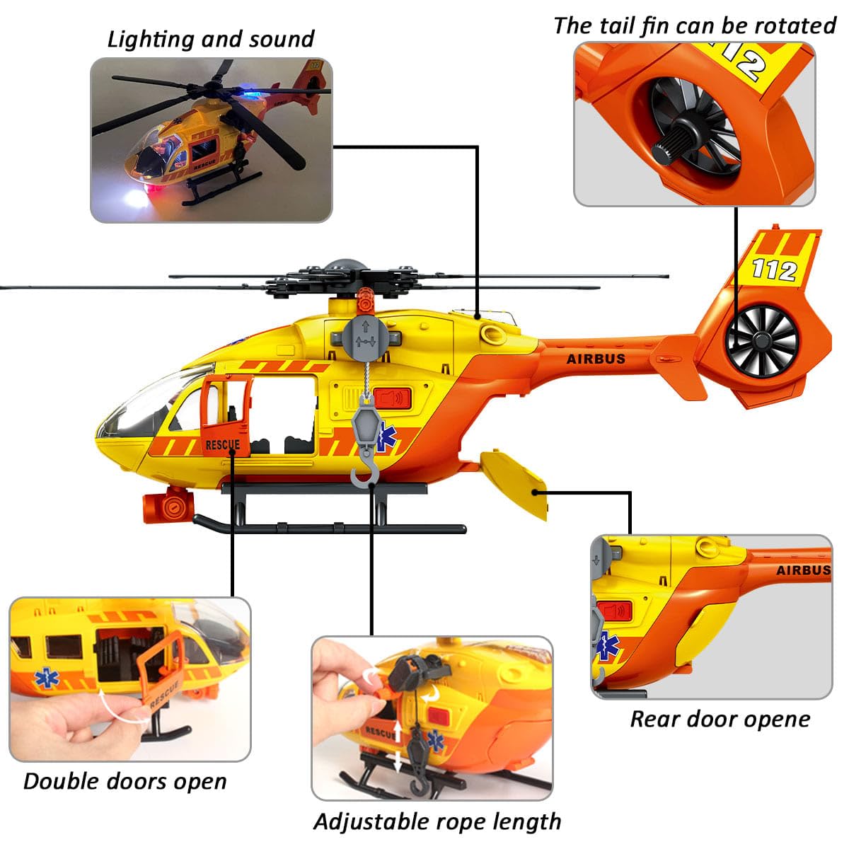 Rescue Toys Helicopter 15-in Airplane Toys for Kids with Hanging Basket Sounds and Lights for Boys Ages 3 4 5 6 7