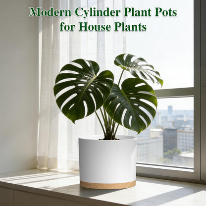 KUGAZ Plant Pots, 10/9/8 Inch 3 Pack Cylindrical Flower Pots with Drainage Holes and Saucers, Plastic Planters for Outdoor Indoor Plants,White Brown