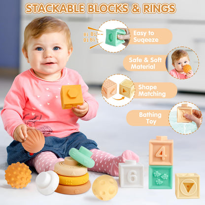Wuzhineisn Baby Toys 6-12 Months Montessori Toys 6 in 1 Musical Instruments for Toddler, Stacking Blocks Development Learning Educational Toy with Wooden Xylophone Infant Baby Birthday Easter Gift