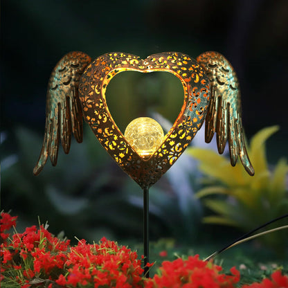 GOODME Solar Garden Lights Waterproof Metal Solar Warm White LED Stake Light Memorial Gift Metal Stakes Lights Crackle Glass Light for Lawn, Pathway, Patio Decor (Heart-Wing)