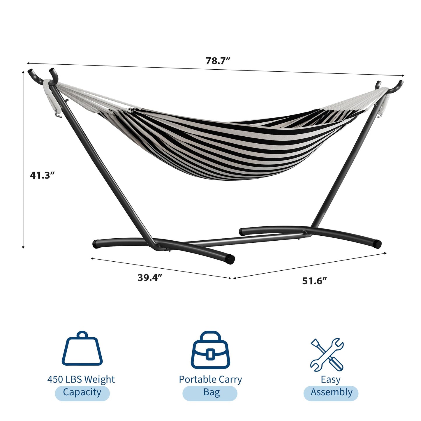 GarveeLife Double 2 Person Hammock, Indoor Outdoor Standing Hammock with Space Saving Steel Stand, Carry Bag, 450 LBS Weight Capacity, Suitable for Garden Camping Beach, Black