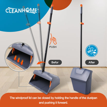CLEANHOME Heavy Duty Broom with Dustpan Combo Set Indoor and Outdoor Dual Purpose,Stiff Bristle Commercial Angle Broom and Standing Dust Pans with Long Handle for Sweeping Home,Kitchen,Yard,Grey