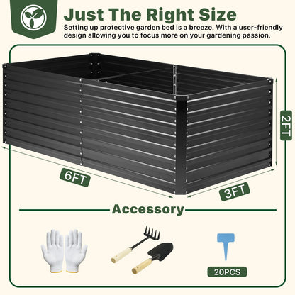 DTIG Galvanized Raised Garden Bed for Vegetables Flowers Herbs, Tall Metal Raised Garden Bed Kit with Garden Tools, Gloves, Plant Labels, Black 6×3×2FT