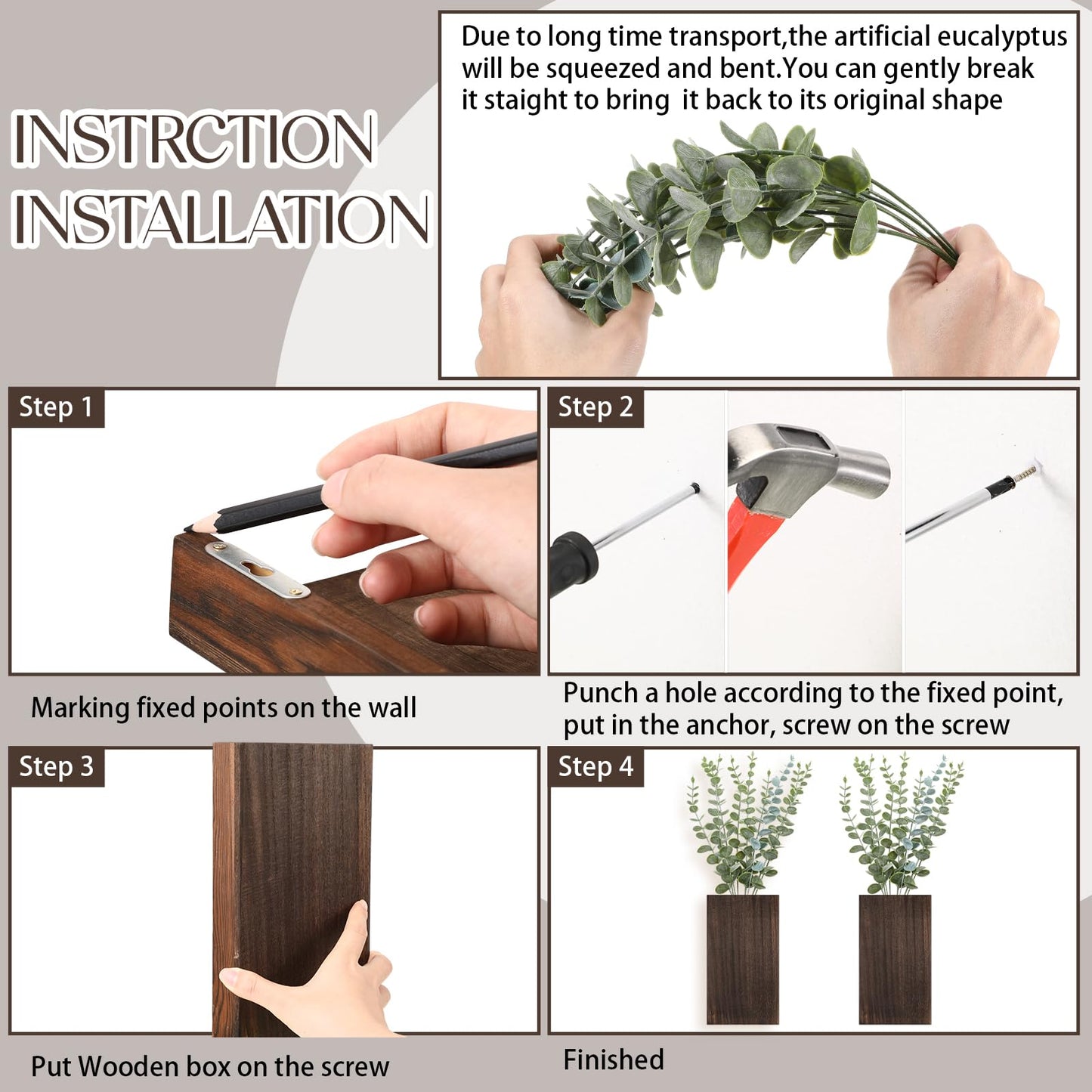 Vesici 2 Pack Wood Wall Planter Vase with Artificial Plants Indoor Plants Holder Pocket Farmhouse Wooden Vases Wall Flower Hanging Plant Decor for Bedroom Kitchen Office Home(Eucalyptus,Wood)