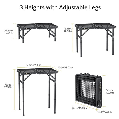 Anbte Folding Grill Table, Aluminum Camping Table Adjustable Height Max 27.5" Picnic Table Outdoor Table, Lightweight, Portable Handle for Travel Cooking BBQ Picnic, 22.8" x 16", Black
