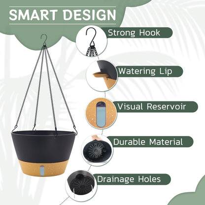 ZMTECH 12 Inch Hanging Planters for Indoor, 2 Pack Large Hanging Plant Pot with Visible Water Level and Chain, Self Watering Hanging Flower Pot for Outdoor Garden Porch(Dark Gray)