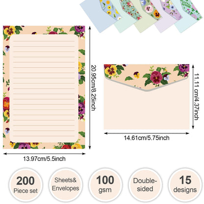 Geyee 200 Pieces Watercolor Stationary Paper and Envelopes Include 100 Lined Sheets and Envelopes, 5. 5 x 8. 25 Inch Double Sided Printing Letter Writing Paper with Mailers(Floral)