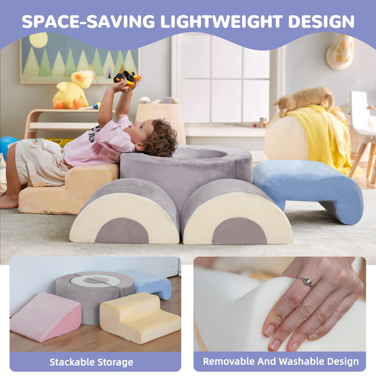 Bumnana Toddler Climbing Toys Indoor, 7‑Piece Soft Foam Play Set for Toddlers 1‑3, Foam Climbing Blocks with Slide, Stairs & Ball Pit, Crawl and Climb Activity Gym, Lightweight & Washable Kids Gift