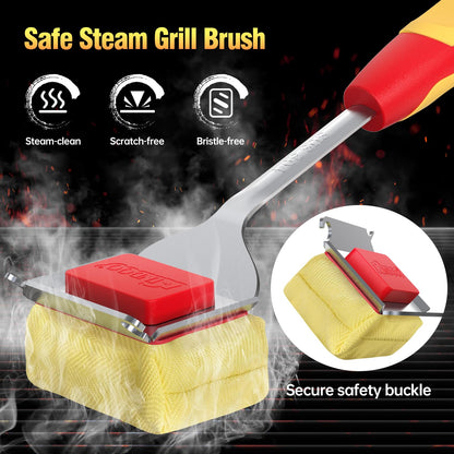 Grill Brush Bristle Free for Outdoor Grill, BBQ Grill Cleaner Brush and Scraper with Replaceable Head, Steam Grill Cleaning Brush 17'' Long Handle for Cast Iron Stainless Steel Grates,Red