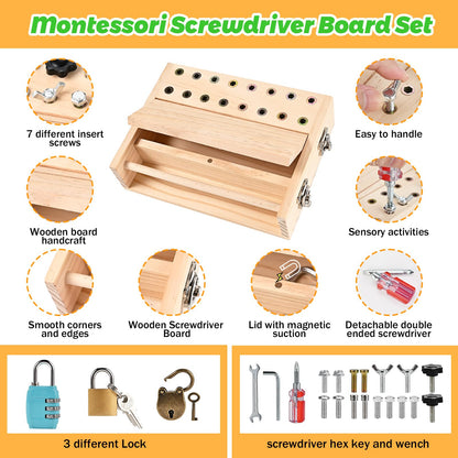 WoodTrove Montessori Screwdriver Board Set, Montessori Toys for 3 4 5 with 3 Lock and Keys, Toddler Screwdriver Toy, Kids Tool Set, Preschool Learning Sensory Toy, Fine Motor Skills Toys