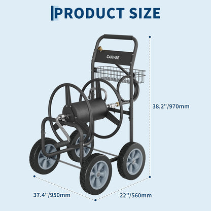 Garvee Hose Reel Cart, 4 Wheels Heavy Duty Mobile Garden Hose Cart Holds 250ft of 5/8" Water Hose, Powder-Coated Steel with Storage Basket for Yard, Lawn, Outdoor Planting