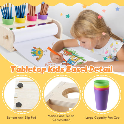 YOKUGO Kids Art Easel with Paper Roll, Desktop Painting Easel Wooden Tabletop Paper Roll Dispenser with Blue Silicone Painting Mat & Puzzle, Table Top Art Kit for Kids & Toddlers