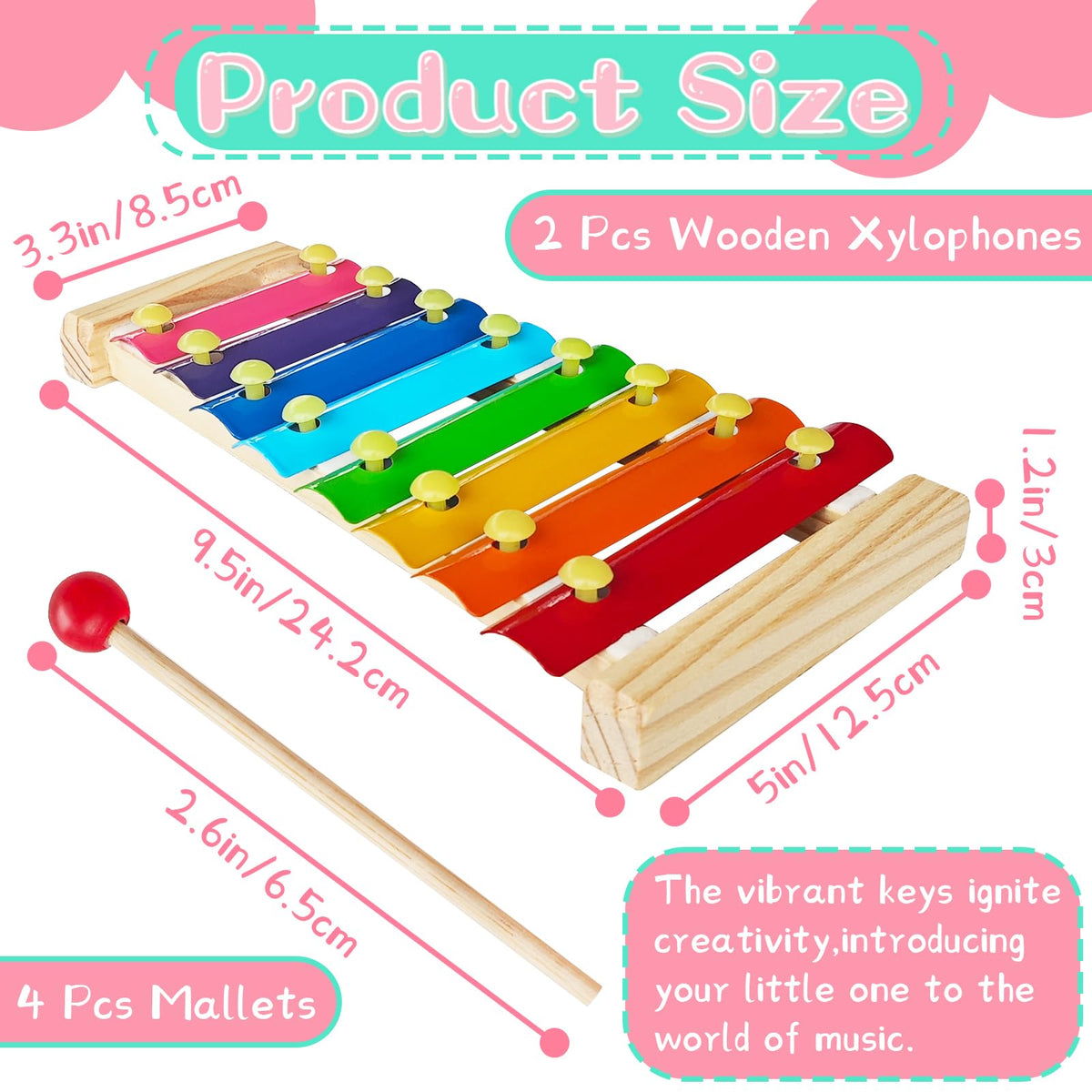 2 Pcs Wooden Xylophone for Kids,Xylophone Educational Musical Toy with 2 Child Mallets 8 Diatonic Keys,Xylophone Wooden Instruments Toys for Toddlers