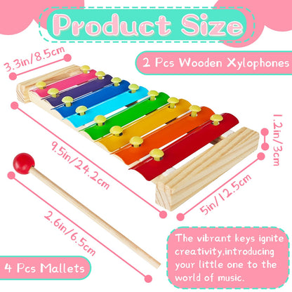 2 Pcs Wooden Xylophone for Kids,Xylophone Educational Musical Toy with 2 Child Mallets 8 Diatonic Keys,Xylophone Wooden Instruments Toys for Toddlers