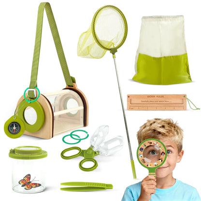 Wooden Bug Catcher Kit for Kids, Outdoor Explorer Toy Set with Butterfly Net, Magnifying Glass, Bug Container &Other Adventure Kit for Backyard Bugs Hunting and Camping Gifts for Boys Girls Age 3-12