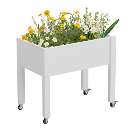 LHBGO Raised Garden Bed with Wheels - Outdoor Mobile Elevated Resin Planter Box with Drainage Holes for Vegetables Flower Herbs (1 Pack, White)